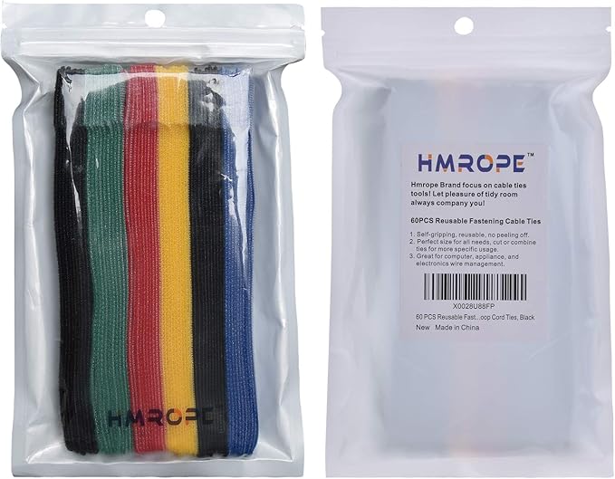 60PCS Fastening Cable Ties Reusable, Premium 6-Inch Adjustable Cord Ties, Microfiber Cloth Cable Management Straps Hook Loop Cord Organizer Wire Ties Reusable (Assorted Colors)