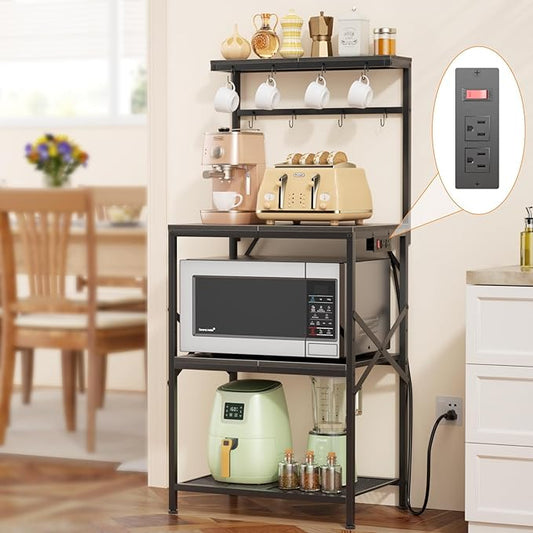 Kitchen Bakers Rack with Power Outlet, Small Coffee Bar Cart 4 Tiers, Microwave Stand with 8 Hooks, Adjustable Shelf, Freestanding Kitchen Appliance Stand, Black Oak