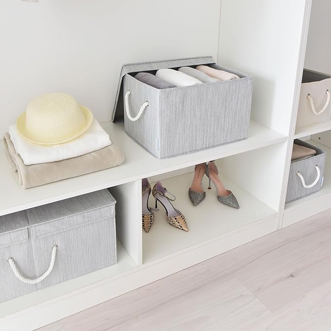 Pack of 2 Modern Fabric Storage Bins, Collapsible Closet Organizer System with Dust-proof Lips, Sturdy Foldable Storage Boxes for Organizing Clothing, Books, Accessories - Gray, 34L