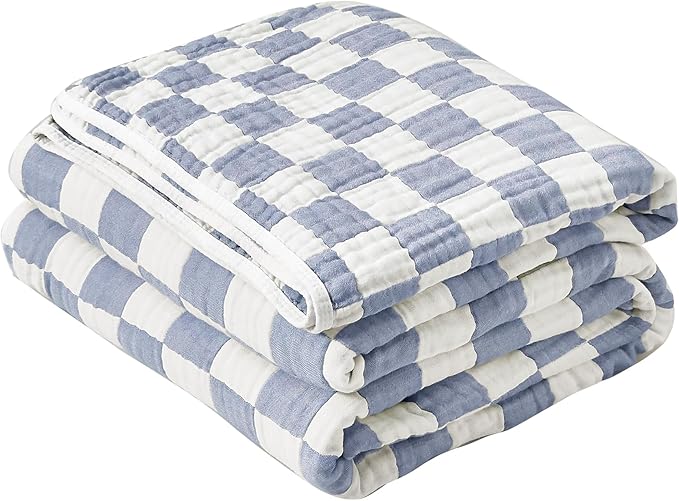 SANACYNA 100% Cotton Muslin Blanket 6-Layer Gauze Blue Checkerboard Blanket Lightweight Soft and Breathable Swaddle Blanket for Crib Couch Bed Keep Warm (Blue Checker, Baby 30"x40")