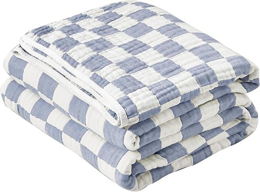 SANACYNA 100% Cotton Muslin Blanket 6-Layer Gauze Blue Checkerboard Blanket Lightweight Soft and Breathable Swaddle Blanket for Crib Couch Bed Keep Warm (Blue Checker, Baby 30"x40")