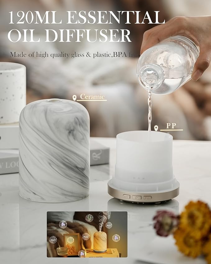 Essential Oil Diffuser - 2.4MHz Ultrasonic Ceramic Diffuser for Home, 120ml, Pulse&Continuous Mist, Bright/Dim/Breathing Lighting, Waterless Auto-Off, Aromatherapy Diffuser with USB Cable