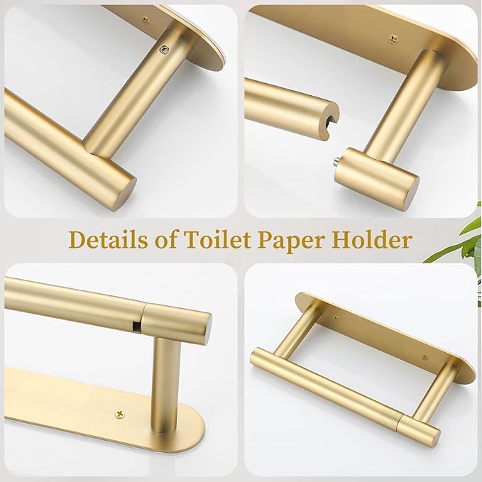 2 Pieces Brushed Gold Toilet Paper Holder, Upgraded Commercial Toilet Paper Dispenser Toilet Roll Holder, Modern Double Base Paper Towel Holder Wall Mount for Bathroom, Kitchen