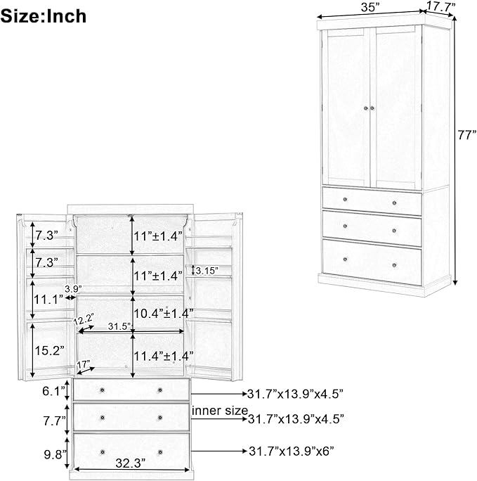 Merax 77" Tall Kitchen Storage Cabinet Pantry Freestanding Large Cupboard with 3 Drawers,3 Adjustable Shelves,8 Door-Shelf for Dining Room,Cream