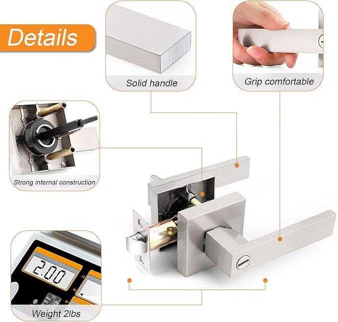 Probrico Heavy Duty Square Satin Nickel Privacy Door Levers, Interior Keyless Locks Bath/Bed Door Locksets, Reversible for Left/Right Handed Doors, 1 Pack
