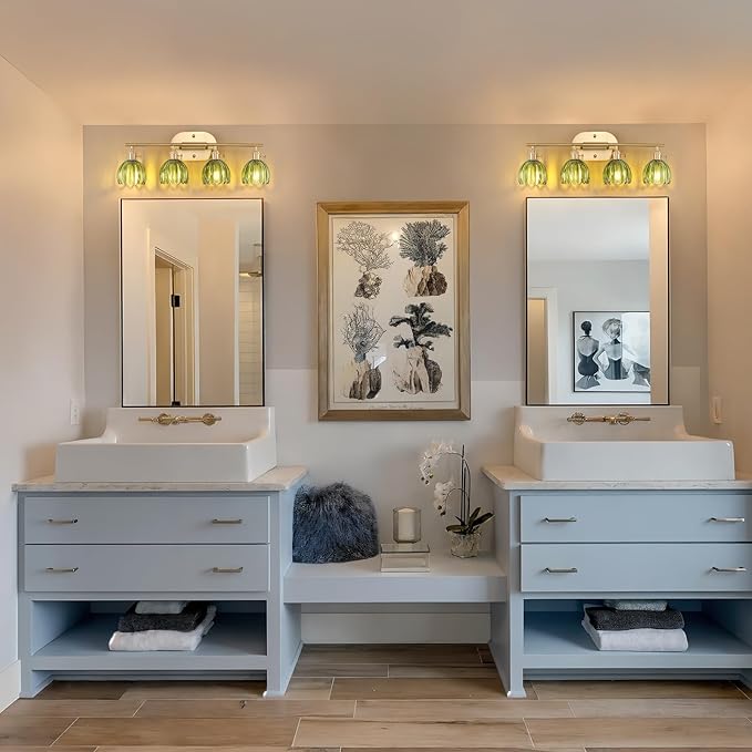 Bathroom Light Fixtures, 4-Light Brass Vanity Wall Light Over Mirror with Green Tulip Glass Shade for Bedroom Living Room (Bulb Not Included)