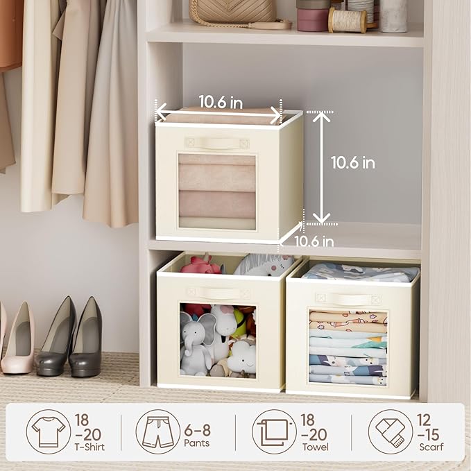 Foldable Storage Cubes - Cubby Storage Organizer with Window, Decorative Baskets for Organizing, Fabric Bins for Clothes Storage, Closet Storage Cubes-11inch, Set of 8, Beige