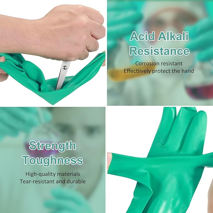 Beieverluck 10 Pairs Chemical Resistant Gloves, Reusable Heavy Duty Rubber Work Gloves, 12.6" Long Nitrile Gloves for Acid Alkali Oil Protection and Industrial Use Household, Medium