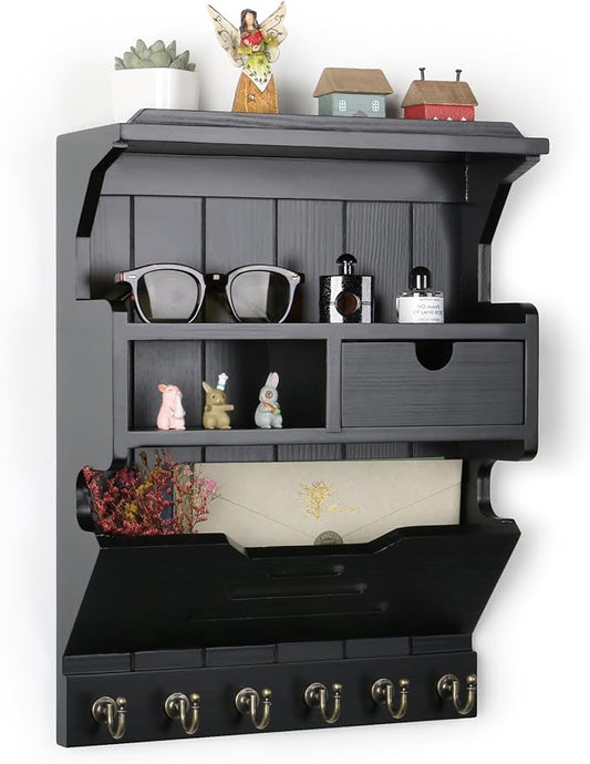 Key Holder for Wall, Elegant Wall-Mounted Mail Organizer with Storage Drawers, Black