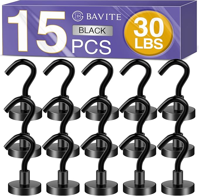 E BAVITE Magnetic Hooks, 30Lbs Strong Magnet Hook Heavy Duty with Epoxy Coating for Refrigerator, Cruise, Grill, Indoor Hanging, Home, Kitchen, Workplace, Office and Garage - 15 Pack（Black）