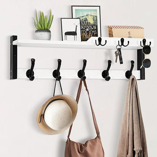 4 in 1 Coat Rack Wall Mount with Shelf, Coat Hooks 25.2" Entryway Coat Hanger with Key Hooks and Mail Holder, Wall Hooks with Shelf, Hat Rack for Wall Key Holder Mail Organizer