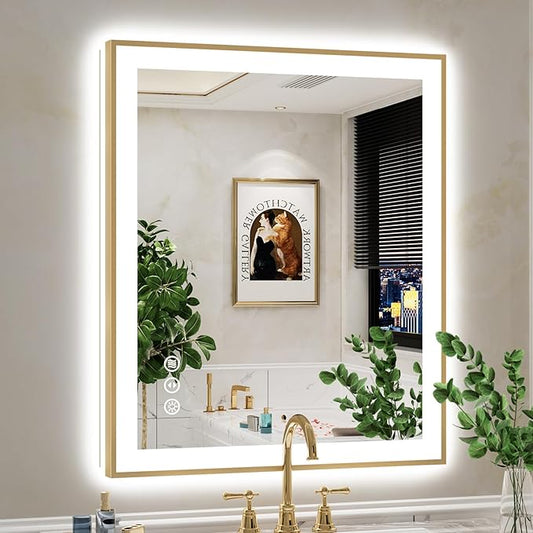 36x30 Inch LED Bathroom Mirror with Lights (Front Lit and Backlit) Gold Framed Lighted Vanity Mirror for Bathroom Wall Dimmable Anti-Fog Memory Tempered Glass Horizontal/Vertical
