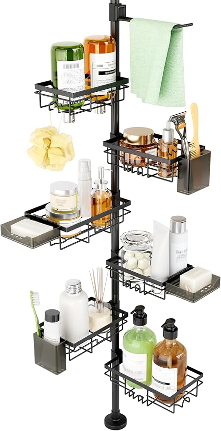 Shower Tension Rod Organizer, 6 Tier Rustproof Corner Shower Caddy Tension Pole with Soap Holder & Hooks, Adjustable 30-121 Inch Bathroom Shelf for Renters - Family Stand Storage Rack, Black
