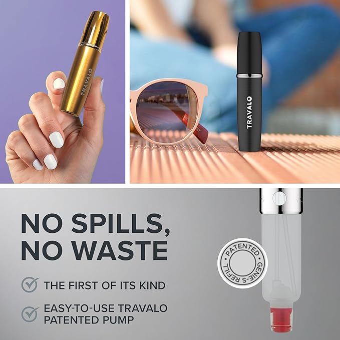 LUX Perfume Atomizer Bundle - Leak-Proof and TSA Approved for Air Travel - Reusable, Easy Fill Mini Pump Sprayer - Lightweight, Brushed Polished Metal - Gold, Black, Silver - 3 Pack