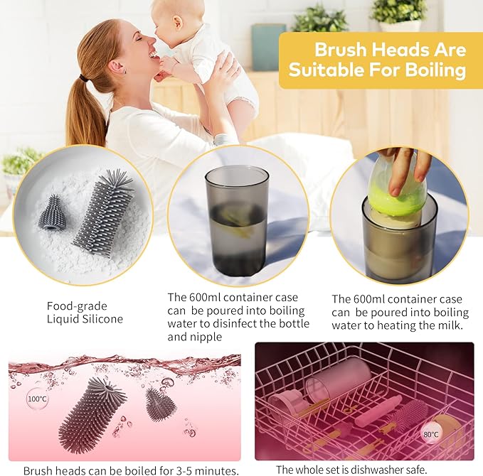 WHNLTravel Baby Bottle Brush Set with Bottle Cleaner Brush Set and Drying Rack,Gift for Newborn Mothers, Suitable for Travel and Home(Yellow)