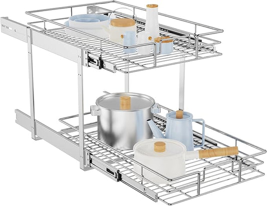 LOVMOR Individual Pull Out Cabinet Organizer, 2 Tier Slide Out Cabinet Drawers, Pots and Pans Organizer and Storage Pantry Shelf for Kitchen (14" W x 18" D)