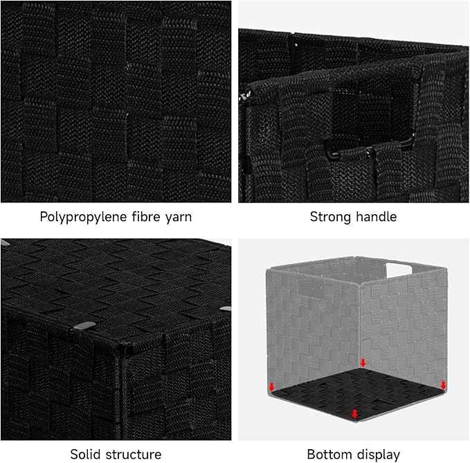 2-Pack Collapsible Ribbon Woven Storage Bins with Metal Structure, Shelf Basket, Pantry Organizer, Home Decorative Utility Cubes (11 x 11 x 11 in, Black)