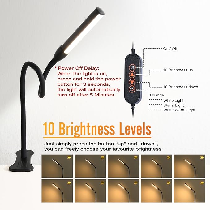 Clip on Reading Lamp, Clip Light, Warm & Daylight & White Light 3 Colors, Eye-Care Clamp Lamp with 10 Dimmable Illumination Modes