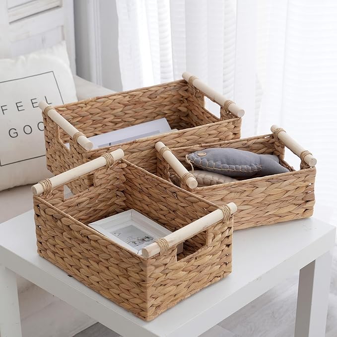 3-Pack Woven Storage Baskets Set, Small Medium Large Wicker Baskets for Shelves Organization, Rectangular Natural Weave Baskets for Kitchen, Bathroom, Living Room Decor, Home Storage Solutions