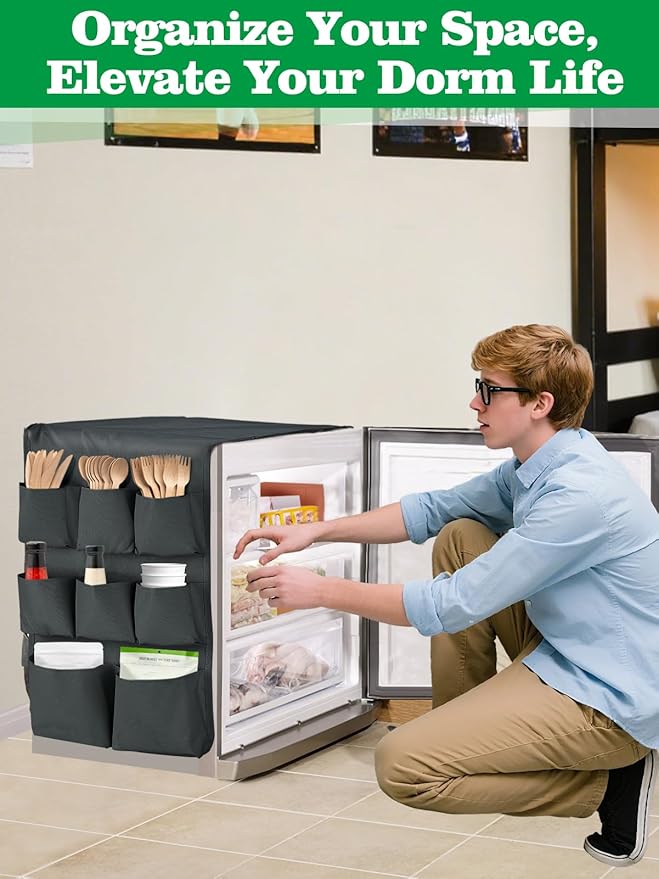 Biubee Extended Mini Fridge Caddy Organizer - 55" x 13" Back to School Dorm and Office Over the Fridge Storage Organizer with 12 Pockets for Flatware Drink Paper Goods, College Must Have, Gray
