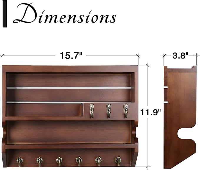 Innovation Handcrafted Solid Pine Wood Key Holder for Wall - Artisan Hand-Sprayed Mail Organizer Wall Mount with 9 Heavy Duty Hooks, Finely Sanded Smooth Surface Entryway Decor, Walnut