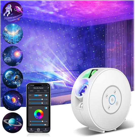 Smart Star Light Projector,Galaxy Projector with 6 Projection Slide,Smart APP & Voice Control Rotatable Galaxy lamp with 24H Timer and 37 White Noises Cloud Light Gift for Kids Room Decor(White)