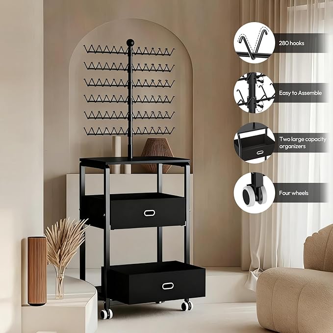 Portable Braiding Hair Rack with Wheels & Storage Drawers,168 Pegs Hair Extension Holder Hanger for Braiding Hair Separator Stand Display,Hair Rack with Stylist Hair braiding Tools(Black)