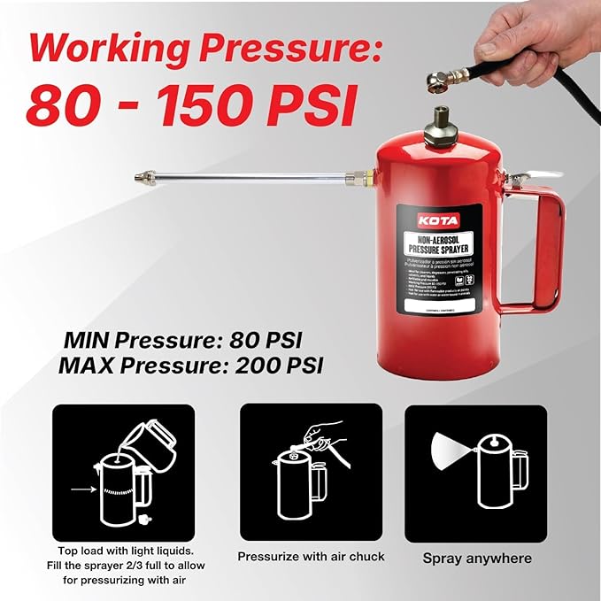 LAUCO Non Aerosol Pressure Sprayer - Refillable Pressurized Sprayer Bottle for Oil, Solvent, Degreasers, Lubricants - Rechargeable Steel Canister with Brass Nozzles, 32oz