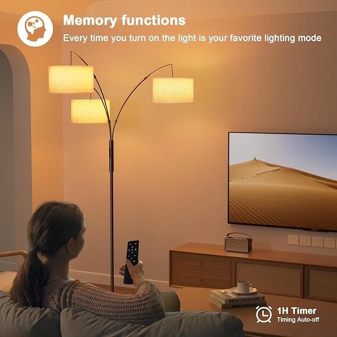 36W RGB Arc Floor Lamp with 3 Fabric Shades, 3000LM Super Bright Standing Lamp with Remote Control & Touch, Stepless Dimming, Individual Light Control for Living Room, Bedroom