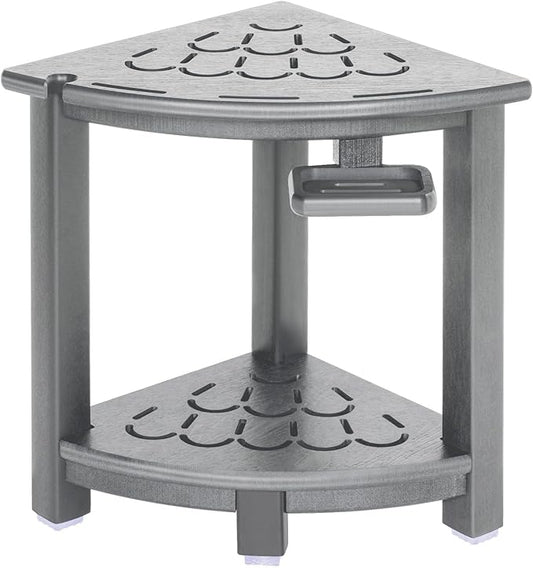 NALONE Corner Shower Stool, HDPE Shower Bench for Inside Shower, Small Shower Chair Seat for Shaving Legs with Storage Shelf, Soap Box and No-Slip Feet (Grey)