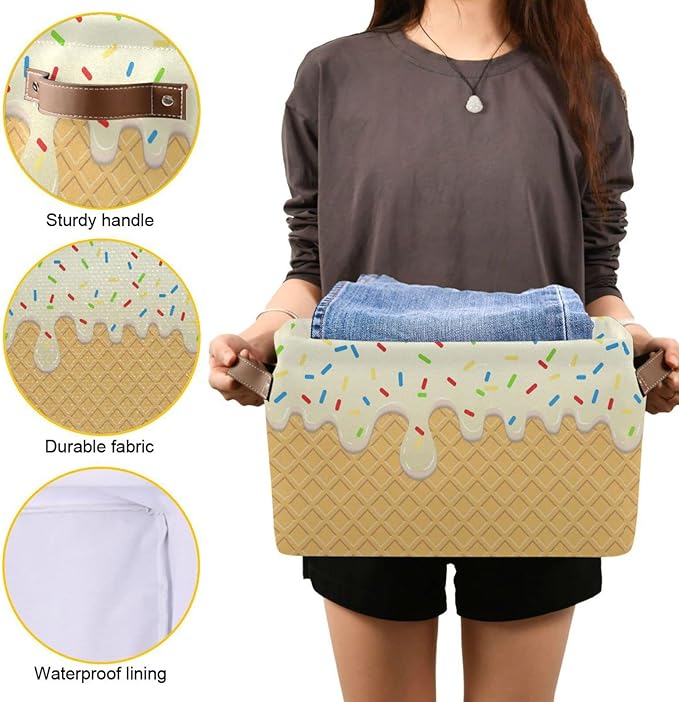 Kigai Ice Cream Texture Storage Bins for Shelves, Storage Basket with Double Handle, Foldable Storage Cubes with Metal Frame, Rectangular Closet Organizer Containers for Home Bedroom