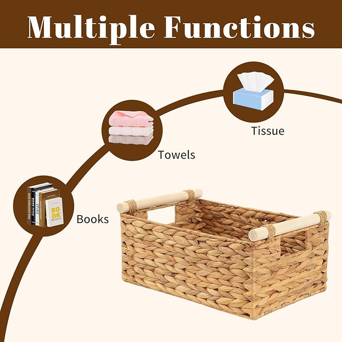 3-Pack Woven Storage Baskets Set, Small Medium Large Wicker Baskets for Shelves Organization, Rectangular Natural Weave Baskets for Kitchen, Bathroom, Living Room Decor, Home Storage Solutions