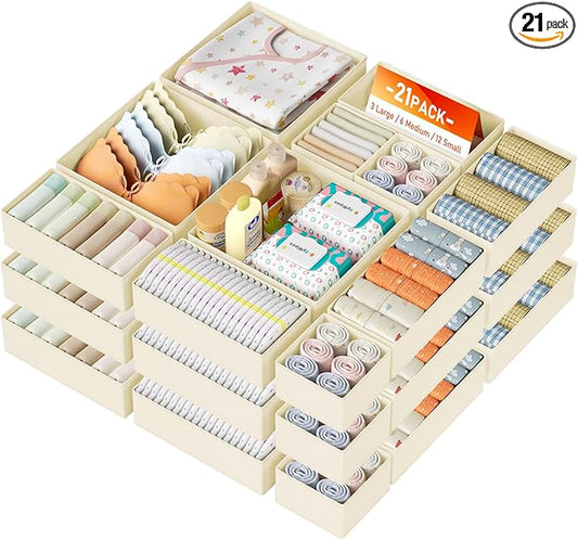 DIMJ Drawer Organizer Clothes, 21 Pack Dresser Organizer, Foldable Closet Organizers and Storage, Fabric Dresser Bins, Drawer Dividers for Nursery, Baby Clothes, Underwears, Sock