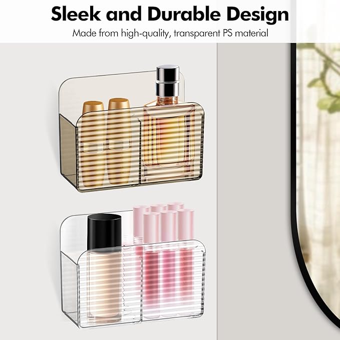 Poeland 2 Pack Wall Mounted Storage Organizer, Adhesive Remote Control Holder with 2 Compartments, Clear Storage Box for Bathroom, Bedroom, Living Room