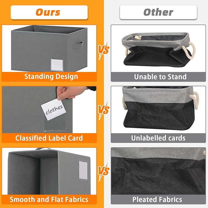 Large Fabric Storage Baskets for Shelves 3 Pack, 15x11in Closet Storage Bins for Shelves, Cloth Baskets for Organizing, Linen Closet Organizers, Grey