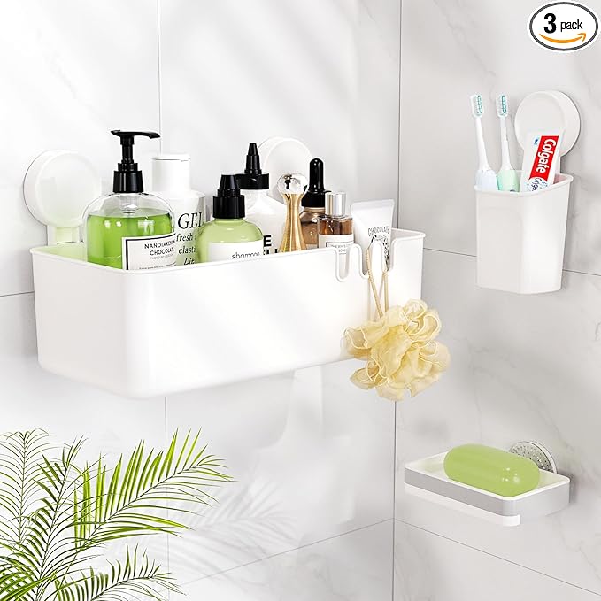 LUXEAR Suction Shower Caddy - 3 Pack NO-Drilling Organizer - 1S Installation Removable Powerful Waterproof Baskets for Bathroom & Kitchen