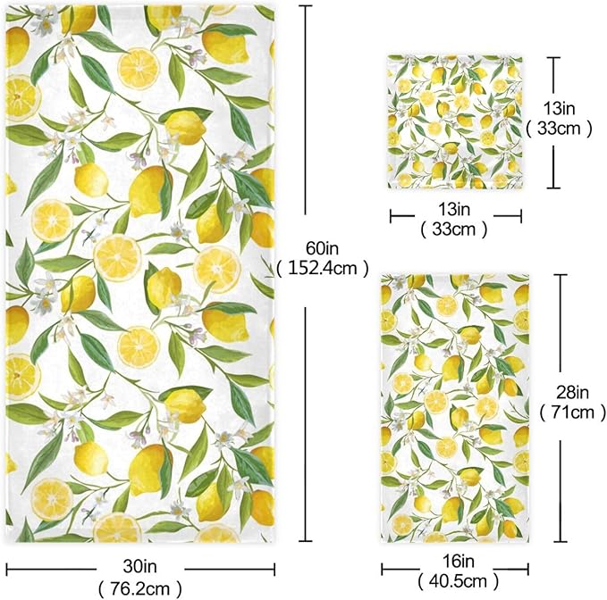 3 Piece Yellow Lemon Bath Towel Set,Microfiber Decorative Tropical Lemon Fruit Floral Green Leaf Farmhouse Bathroom Towels,1 Bath Towel 1 Hand Towel for Bathroom Kitchen,1 Washcloth for Face