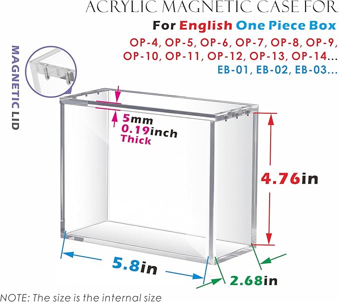 Acrylic Magnetic Display Case for English One Piece(Compatible with: OP-4, OP-5, OP-6, OP-7.8.9.10.11.12.13.14; EB-01.02.03.04) with Magnetic Top, Stackable, Protector Acrylic Storage Container