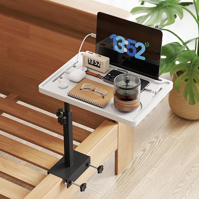 NiHome Height-Adjustable Bedside Shelf with Rotating Foldable Tray, Clip On Bed Side Tray Table, Overbed Table Fits Bed Frames 0.7"-2.7" Wide for Dorms, Apartments, Bedrooms, Dorm Essentials, White