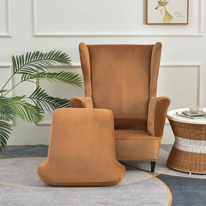 OBCREAT Wingback Chair Covers,2 Piece Stretch Velvet Wingback Chair Slipcover Soft Wing Chair Sofa Covers with Elastic Bottom,Armchair Couch Cover Furniture Protector for Living Room (Camel)