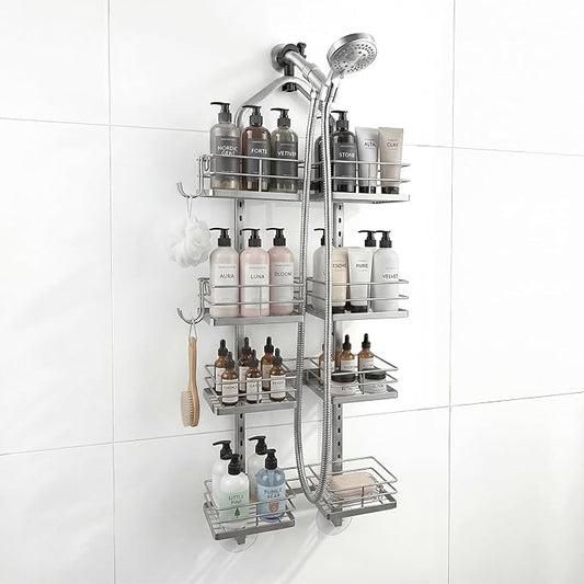 Aluminum Alloy Hanging Shower Caddy for Handheld Shower Heads, 4-Tier Adjustable Shower Rack, Rustproof Hose Hanging Shower Organizer with 2 S-Hooks, Silver
