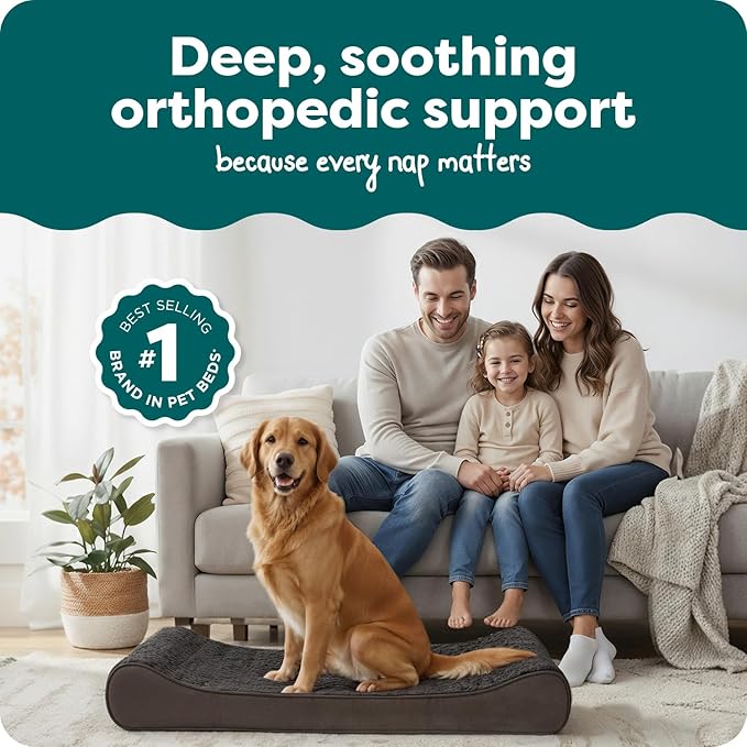 FurHaven Orthopedic Dog Bed for X-Large Dogs, Luxe Lounger Contour Mattress with Medical-Grade Solid Orthopedic Foam for Joint Support, Removable Washable Cover, Jumbo/XL, Plush Suede, Chocolate