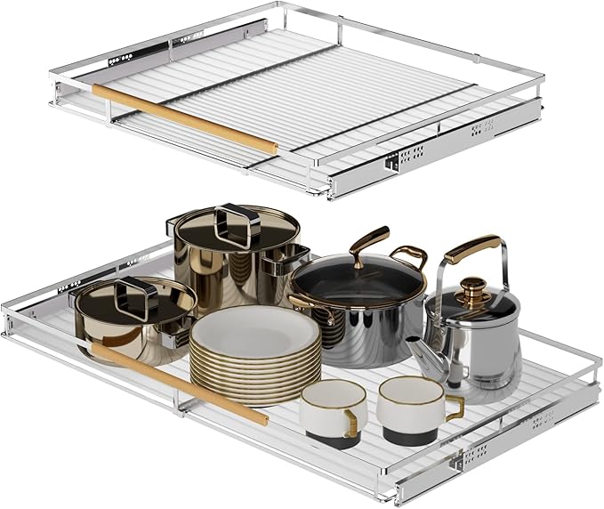 SANNO Expandable Pull Out Drawer Organizer and Storage, Sliding Shelf Under Sink Shelf Expandable Dish Drying Rack in Sink