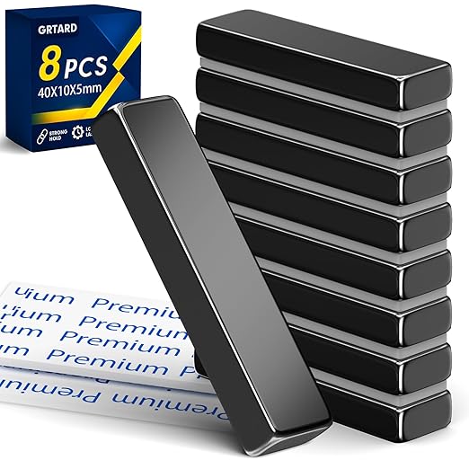 Grtard Neodymium Bar Magnets, Rare Earth Magnets Metal Neodymium Magnet with Double-Sided Adhesive for Fridge and Office Projects, 40x10x5mm(Black)