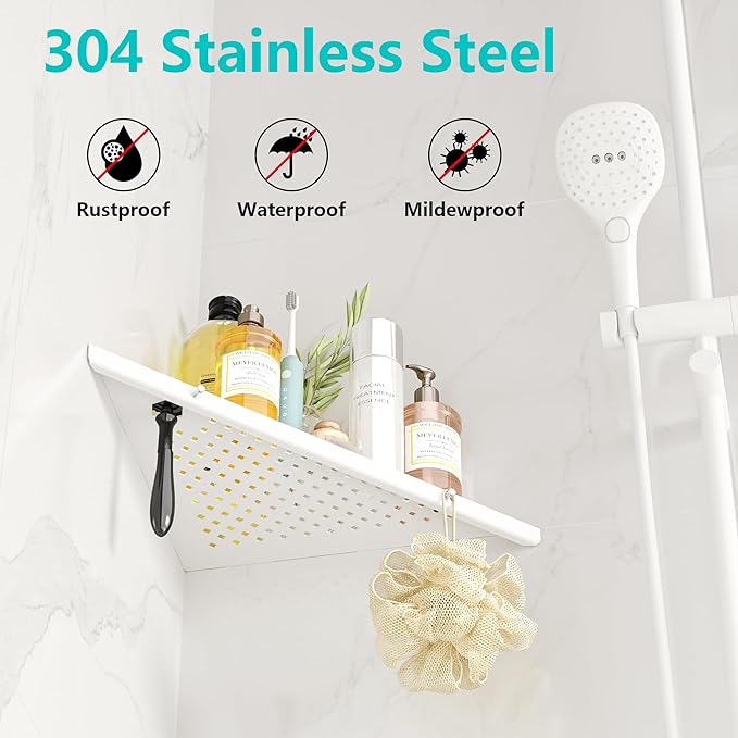 10" Bathroom Corner Shelf, 2 Pack Recessed Shower Shelf Caddy, SUS304 Stainless Steel Shelf Wall Mount Triangular, No Drilling Matte White