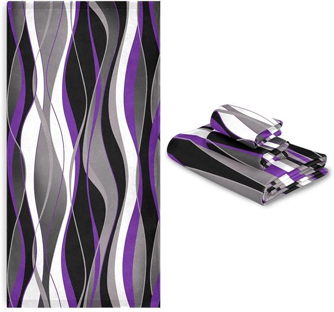 3 Piece Purple Grey Bath Towels Set,Microfiber Absorbent Black White Gray Striped Modern Abstract Towels for Bathroom,1 Bath Towel,1 Hand Towel,1 Washcloth,Purple Decorative Bathroom Towels