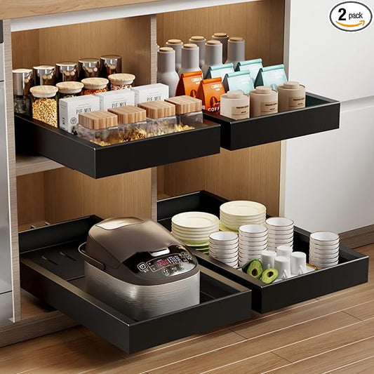 2 Pack Pull Out Cabinet Organizer,21.8" Deep Slide Out Drawer for Cabinets Adhesive Pull Out Drawers Heavy Duty Pull Out Shelves for Kitchen,Cupboard,Pantry,Bathroom-Black