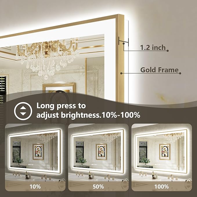 44x32 Inch LED Bathroom Mirror with Lights (Front Lit and Backlit) Gold Framed Lighted Vanity Mirror for Bathroom Wall Dimmable Anti-Fog Memory Tempered Glass Horizontal/Vertical
