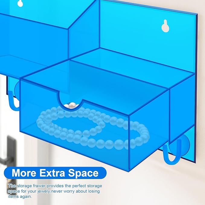 Acrylic Key Holder Wall Mount Mail Organizer for Wall with Shelf Storage Drawer and 5 Hooks, Blue
