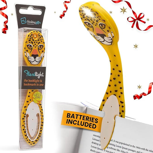 Gifts for Readers & Writers Book Light, Clip On Reading Light for Bed, 2in1 Flexilight & Bookmark, Small & Lightweight with a Soft Glow, 2 Batteries Included, Leopard